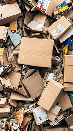 A dense, overhead shot showing a mountain of flattened cardboard boxes and packaging. Various sizes and shapes create a textured, recycled cardboard, with some labels visible.の素材