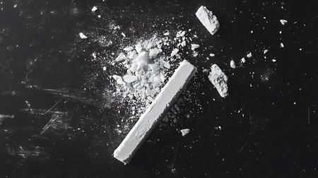 Monochromatic image of a chalk stick with broken fragments and dispersed powder. The chalk rests on a dark, textured surface with scratch marks and highlights the contrast.の素材