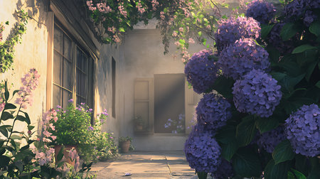 Tranquil courtyard scene with lush purple hydrangeas and pink flowering vines adorning a weathered building with windows. The sun-drenched stone path offers a calming perspective.の素材