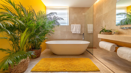 A modern bathroom features a white freestanding tub, vibrant yellow wall, lush indoor plants, and matching yellow rug, creating a tranquil and stylish retreat.の素材