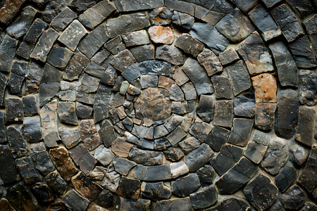 Concentric circles of irregular, dark stones form a textured surface, some with hints of brown or orange. A natural, organic feel dominates the detailed stone pattern.の素材