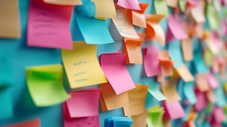 Close-up of a turquoise wall densely covered with vibrant sticky notes in pink, yellow, blue, orange, and green. The notes feature handwritten text and drawings.の素材