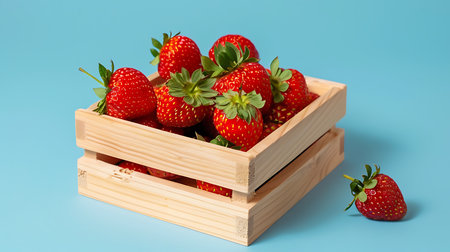Delicious red strawberries with green leaves are piled into a small wooden crate, with one strawberry sitting next to the crate, all on a light blue surface.の素材