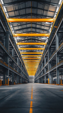 The image shows a vast warehouse interior featuring repetitive gray steel support beams, overhead yellow gantry cranes, and a concrete floor with a yellow center stripe.の素材