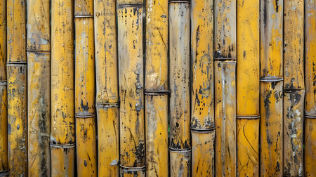 Full frame image showcasing a weathered yellow bamboo wall featuring vertical stalks, irregular textures, and weathered details, creating a rustic, natural background element.の素材