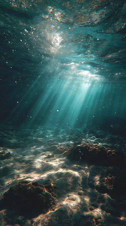 Captured from below the surface, the image displays sunlight filtering into turquoise water, creating sunbeams that illuminate a sandy, rocky seabed. Light glimmers and dances across the scene.の素材