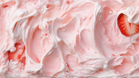Close-up texture of light pink whipped cream, swirled together to create interesting shapes. Cut strawberries are mixed in and sit on top of the cream, adding color.の素材