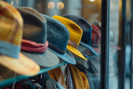 Eye-level view capturing a row of vibrant hats displayed in a shop window, showcasing various colors and textures of the fashionable headwear above accompanying clothing.の素材