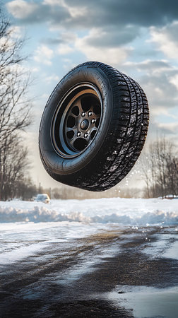A striking vertical shot of a wet, snow-lined road showcasing a levitating tire with black rim. Snowy splashes accent the tire in this dynamic outdoor scene under a cloudy sky.の素材