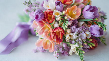 A stunning, close-up image showcases a vibrant bouquet featuring tulips and freesia in shades of purple, orange, red, and white, tied with a flowing purple ribbon.の素材