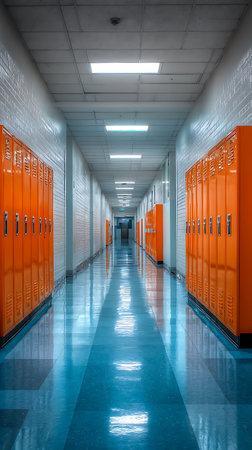 The image captures a long, brightly lit school hallway featuring rows of vibrant orange lockers on either side and a reflective blue tiled floor. The perspective leads to the end.の素材