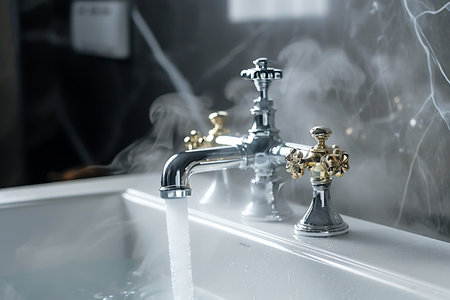 A close-up showcases a luxurious silver faucet with golden fixtures pouring steaming water into a white bathroom sink. Marble background adds a modern aesthetic.の素材