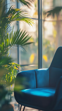 Close-up of a blue velvet armchair alongside a vibrant green palm plant. The room is illuminated by natural light streaming through a window, creating a calm atmosphere.の素材