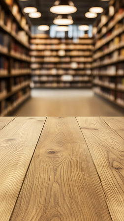 Close-up shot showcasing the detail of a wooden tabletop, set against a blurred backdrop of a library with filled bookshelves and bright lighting, perfect for interior design.の素材
