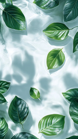 Several vibrant green leaves rest on a calm water surface, creating soft reflections and patterns. The scene evokes a sense of peace, freshness, and natural beauty.の素材