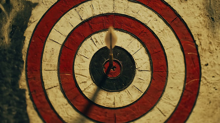 Close-up of a dart perfectly hitting the bullseye in the center of a weathered dartboard, featuring rings of red and white against a textured surface.の素材