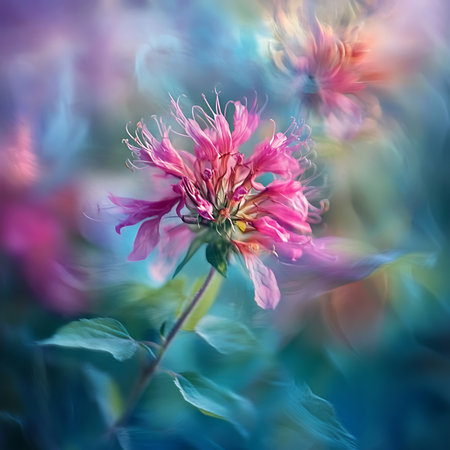 Close-up of a vivid pink bee balm flower with delicate petals and leaves, set against a dreamy background filled with teal and pink soft bokeh.の素材