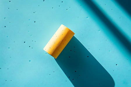 A high-angle studio shot presents a vibrant yellow roll with perforations, casting a sharp shadow on a textured turquoise surface scattered with small, dark dots.の素材