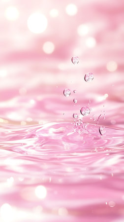 Captivating close-up of water surface with droplets in motion against a gentle pink bokeh background. Light interacts with ripples, creating a sparkling, dreamy effect.の素材