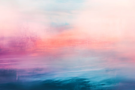 An abstract painting showcasing a blend of pink, coral, and blue hues. The brushstrokes create a soft, dreamlike atmosphere with delicate color transitions and a gradient effect.の素材