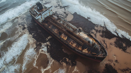 Aerial view showing a rusty tanker ship beached near brown ocean waves. A dark crude oil spill surrounds the vessel, creating an environmental hazard on the sandy shore.の素材