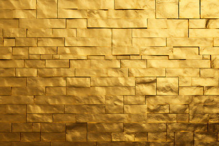 Captivating close-up showcasing a wall composed of shimmering golden bricks. The textured surface adds depth and character, creating a luxurious and modern visual appeal perfect for backgrounds.の素材