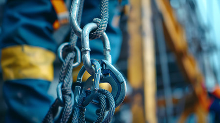 Detailed shot showcases a safety harness, carabiners, and ropes used in construction. The image focuses on safety equipment, emphasizing worker protection on construction sites.の素材