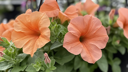 Detailed, close-up showcases peach-colored petunia blooms and buds nestled amongst green foliage. Delicate veining on the petals enhances the floral detail. The blooms appear velvety.の素材