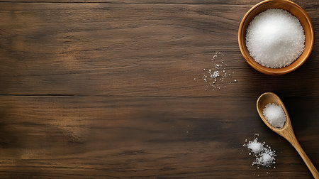 Overhead view displaying a wooden bowl, wooden spoon, and scattered crystals of sea salt on a dark, aged wooden surface. Plenty of space for adding text or graphics.の素材
