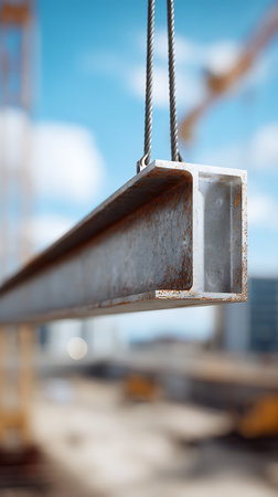 Close-up shows a steel I-beam suspended by braided cables against a bright, blurred construction site backdrop with visible cranes and blue sky. Rust detailing is also visible.の素材