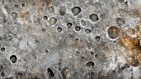 Macro shot of a frozen puddle surface revealing trapped air bubbles and organic material. The abstract pattern is created by the ice and natural inclusions.の素材
