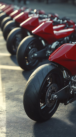 A close-up showcases a lineup of red, sporty motorcycles parked on pavement, with detailed focus on tire treads, wheels, and brake discs. Side view displays the glossy fuel tanks.の素材