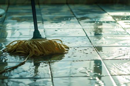 Close-up shows a string mop with a green handle cleaning a wet, tiled floor. Light reflects off the water, creating highlights on the surface being cleaned.の素材