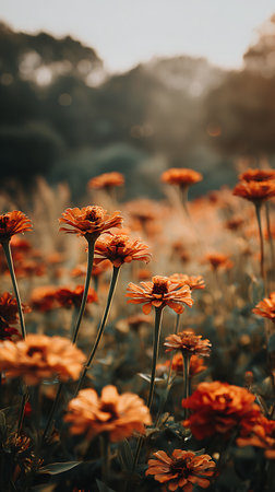 Captured in soft focus, the image showcases a field brimming with orange Zinnia flowers bathed in the warm glow of either dusk or early morning light. The background is softly blurred.の素材