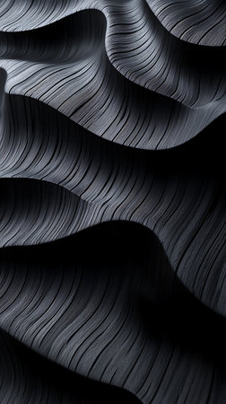 Captivating close-up showcases dark gray, wavelike patterns resembling textured fabric or geological formations. The abstract composition emphasizes the interplay of light and shadow across the undulating surface.の素材