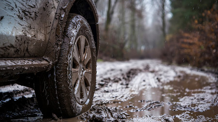Close-up view of a car tire and side caked in mud, navigating a flooded, muddy trail in a forest setting on a rainy day. Shows the off-roading adventure.の素材