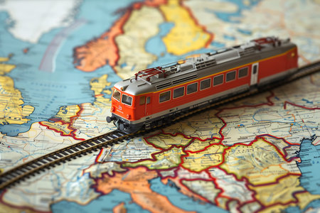 A detailed close-up shows a red and gray miniature train on black and brown model tracks. The train is traveling across an artistic map of Europe with red border lines.の素材