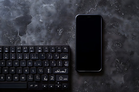A sleek black smartphone with a blank screen rests next to a compact keyboard featuring both Arabic and English characters, against a textured dark background. Modern technology meets language.の素材