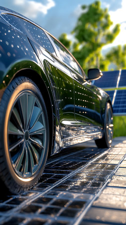 Sleek, dark-colored electric car positioned on a reflective solar panel grid. A green, blurred background complements the modern design and emphasizes clean energy solutions.の素材