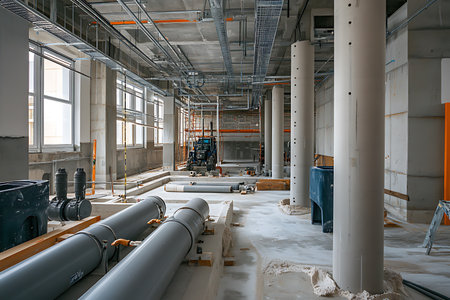 Wide view of a construction zone featuring concrete support columns, large gray pipes, overhead electrical trays, and various equipment elements, including a blue tractor and ladder.の素材
