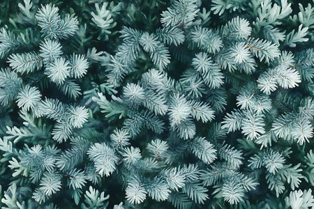 Intricate close-up shows abstract patterns formed by blue spruce branches in a painterly style with varied colors. Coniferous textures and botanical elements dominate the scene.の素材