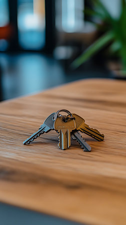 Close-up of three metal keys held together by a keyring, resting on a warm, light-colored wooden table. Blurred background suggests an interior setting with plants.の素材