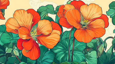 This image presents a striking illustration of vibrant orange geranium flowers set against a backdrop of lush green foliage, creating a visually appealing floral composition.の素材