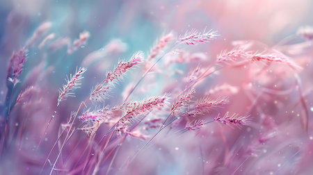 Captivating image featuring delicate pink grasses gently swaying amidst a soft pastel backdrop. An artistic rendering creates a dreamy, ethereal atmosphere with bokeh effects.の素材