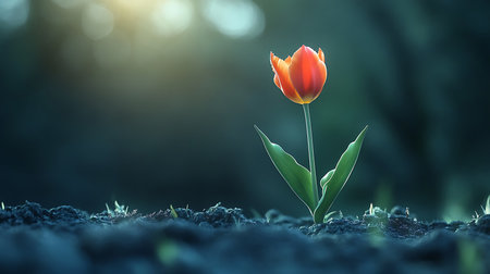 An eye-level close-up features a single orange tulip with green leaves emerging from dark soil, set against a blurred bokeh background with gentle highlights and muted colors.の素材