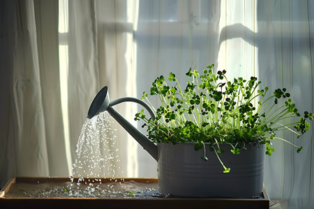 A gentle stream cascades from a gray watering can onto a wooden tray, nurturing a vibrant patch of clover in a matching gray pot. Sunlight streams through sheer white curtains.の素材