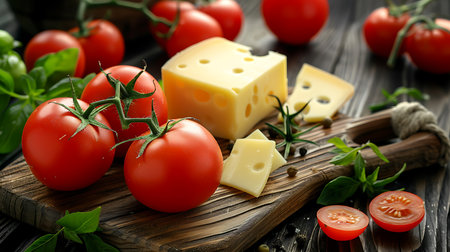 A still life showcases a block of Swiss cheese, slices of cheese, and ripe cherry tomatoes arranged on a rustic wooden cutting board with fresh basil leaves.の素材