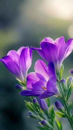 Captivating close-up showcases three purple bellflowers, softly backlit and surrounded by unopened buds. The background fades into a gentle, blurred green, adding depth and focus.の素材