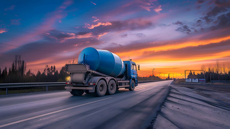 A blue concrete mixer truck travels down a road at sunset, featuring a beautiful sky gradient of orange, yellow, pink, and blue, plus a dark landscape.の素材