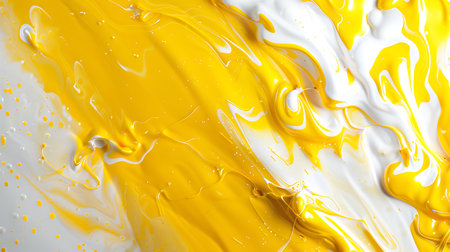 Close-up showcases thick, flowing yellow and white paint creating dynamic swirl patterns. The glossy texture and contrasting colors create a visually striking modern abstract art effect.の素材